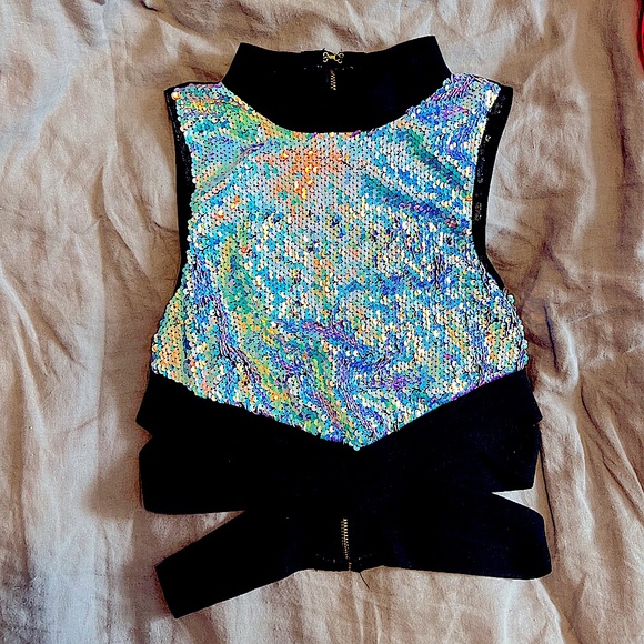 Iridescent Sequin Rave Top with Elastic and mesh back - Picture 1 of 4